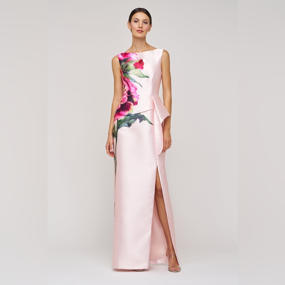 New Kay Unger Luciana Column Gown In Blush Pink Floral